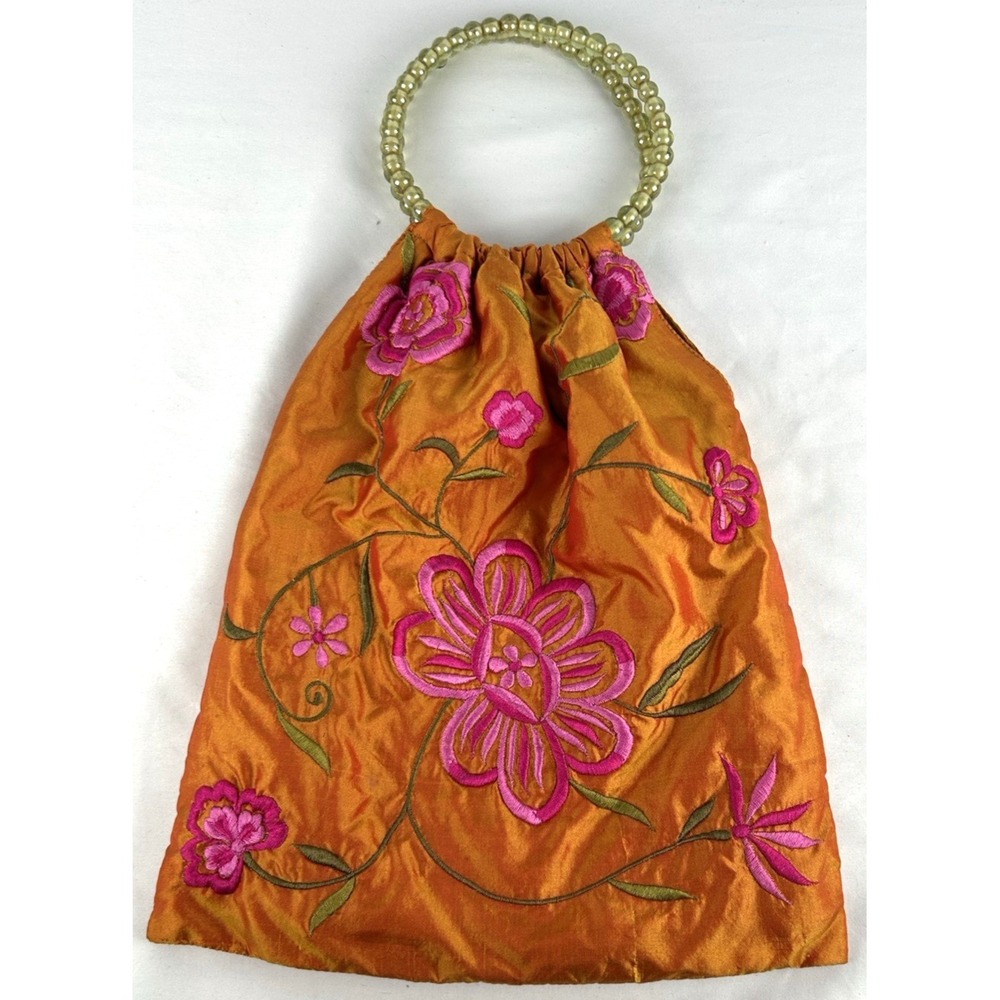 Moyna Bright Orange Pink Beaded Handle Satin Embroidered Purse Wristlet Vintage